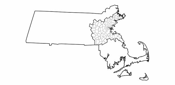 Map of Massachusetts with the Boston MPO region highlighted